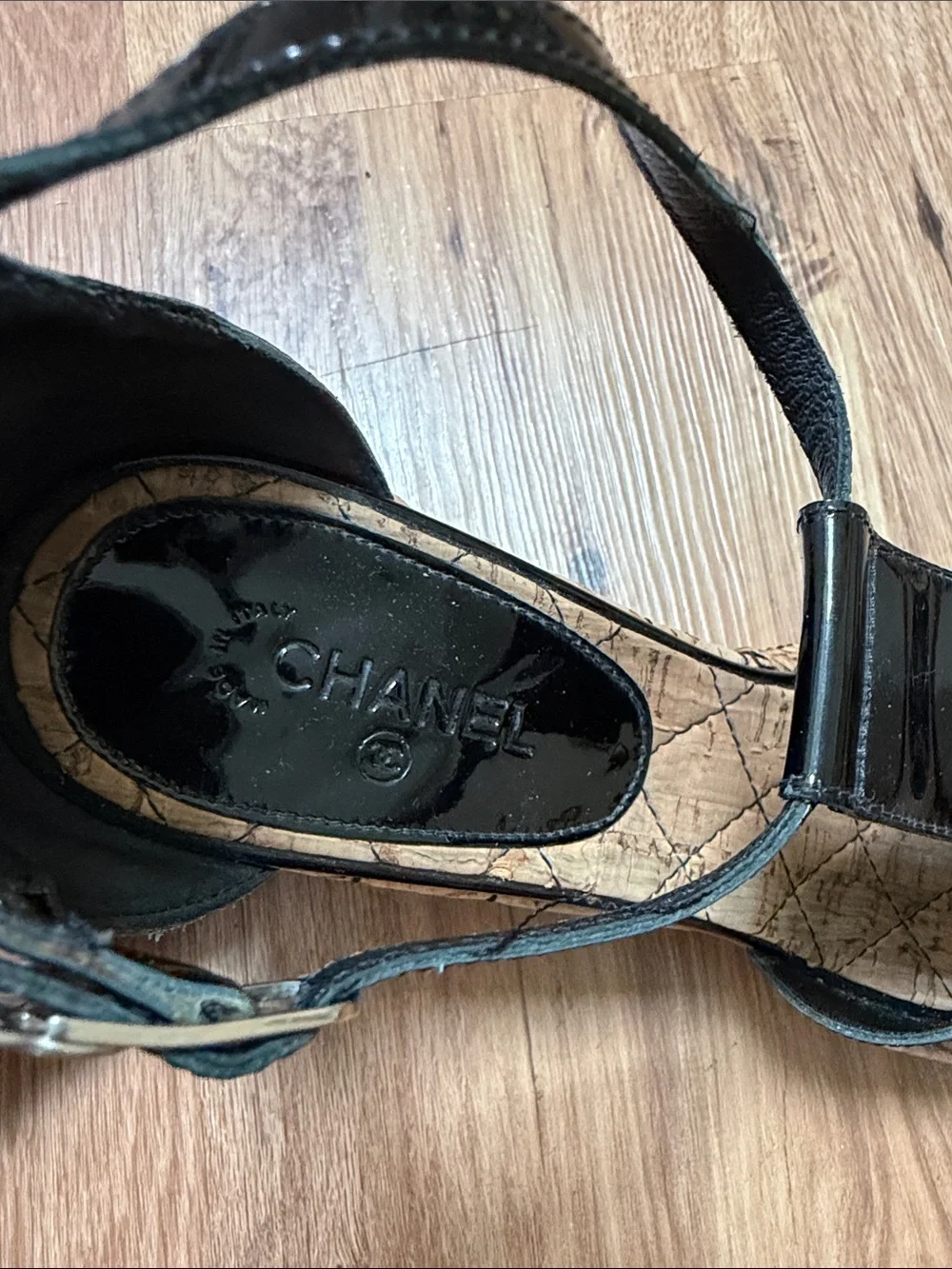 CHANEL Black Patent Leather Cork Wedge Sandals, AUTHENTICATED, size 10 (40)